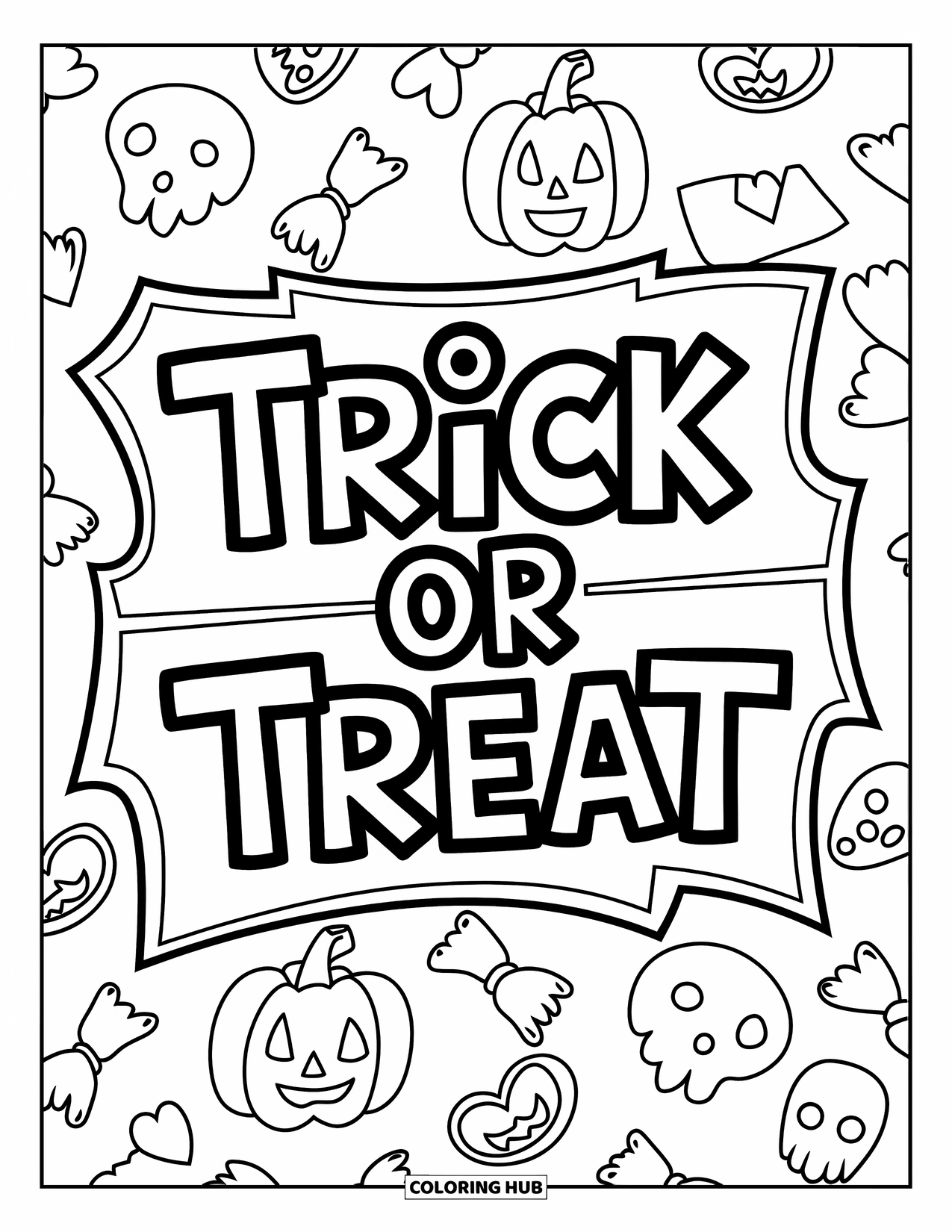 Trick Or Treat Coloring Page for Kids: Large "Trick or Treat" sign with candy and skulls