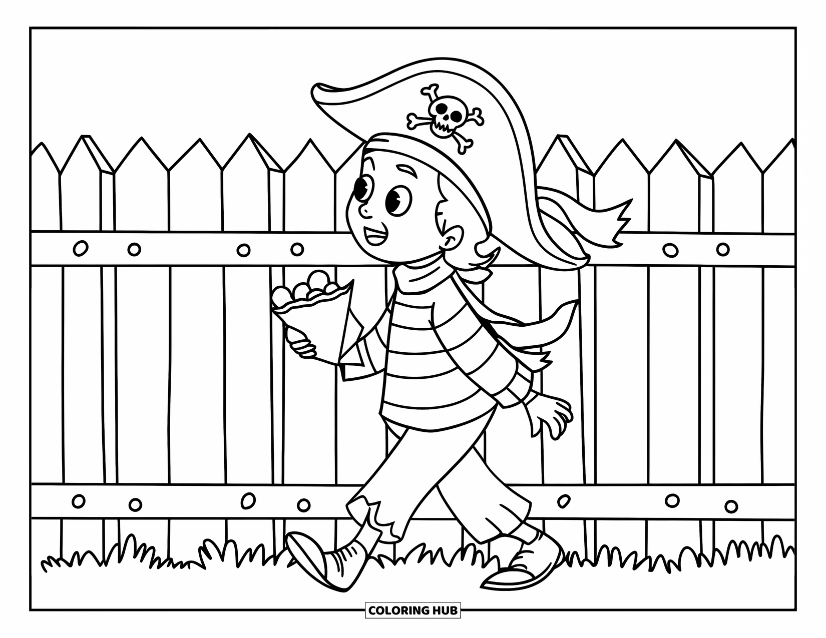 Trick Or Treat Coloring Page for Kids: Pirate kid with tilted hat walking by a picket fence