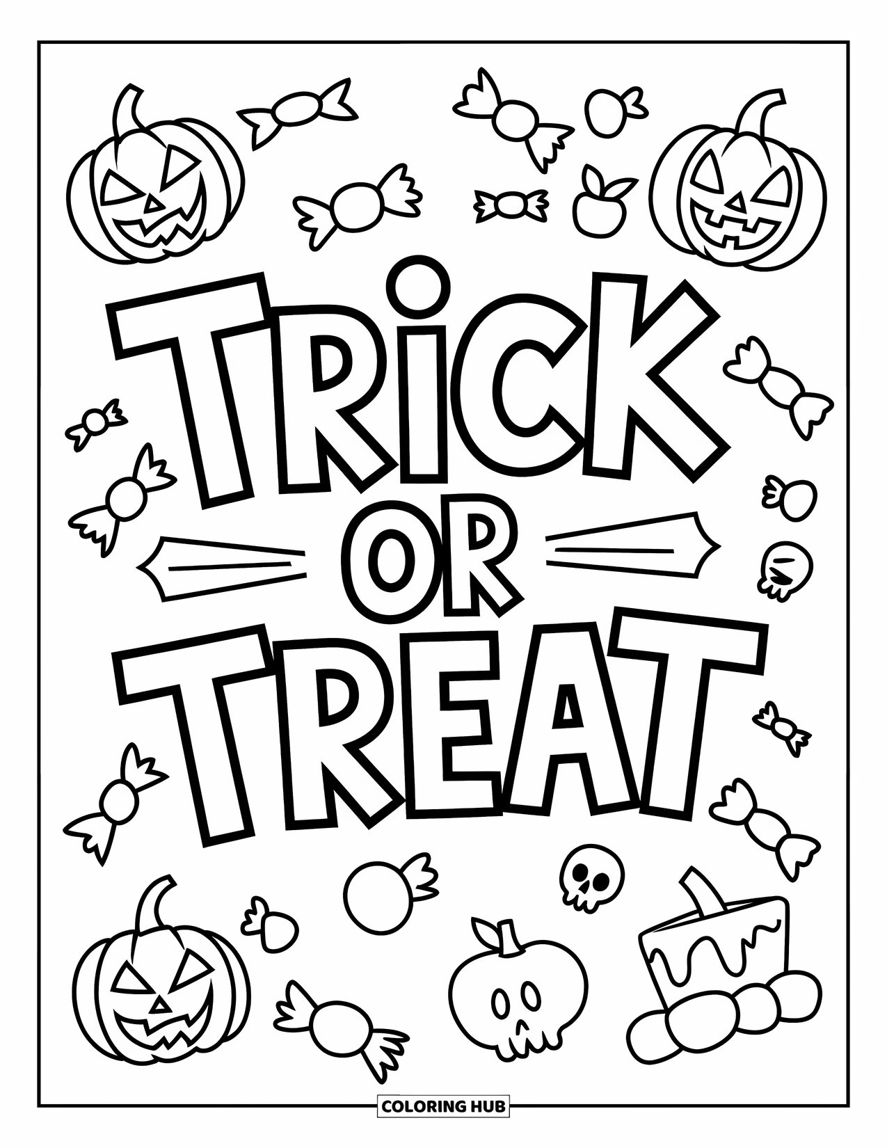 Trick Or Treat Coloring Page for Kids: Playful "Trick or Treat" sign with pumpkins and candy
