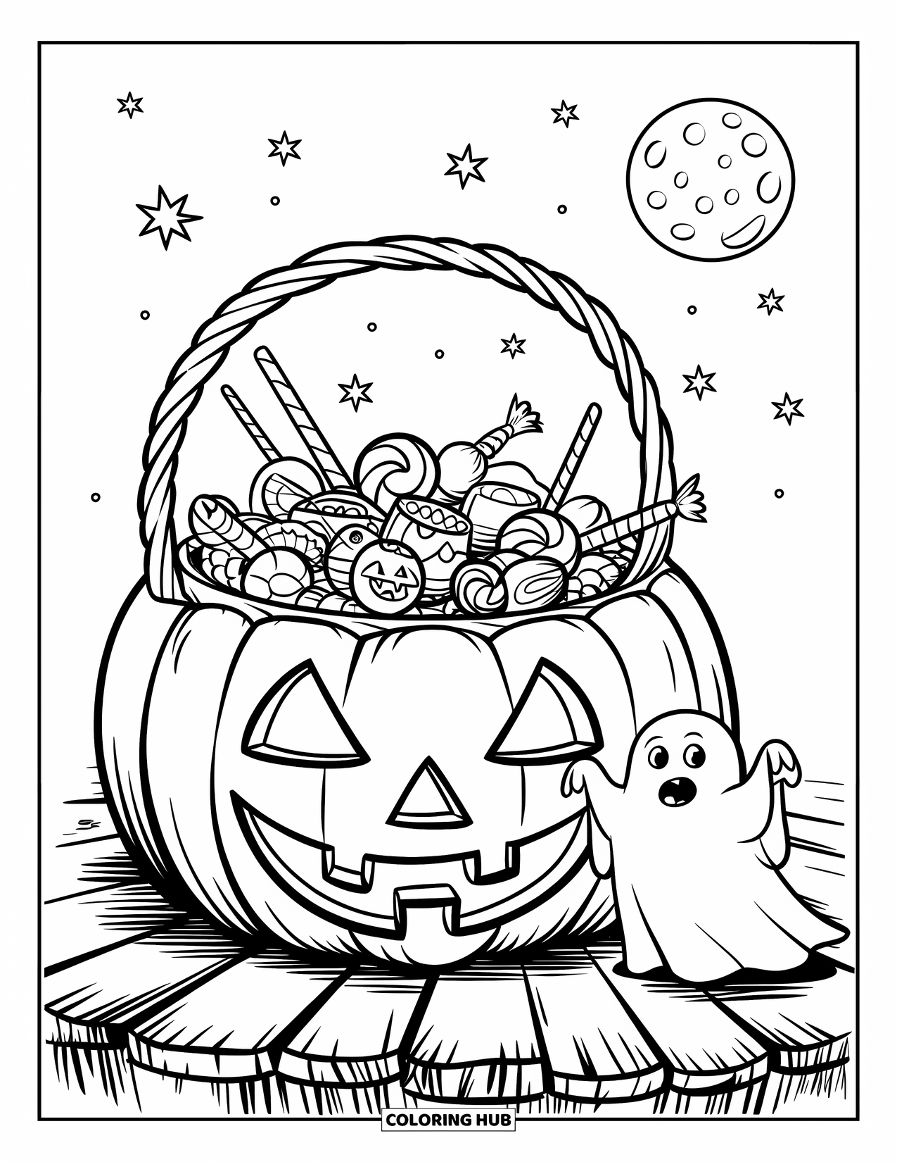 Trick Or Treat Coloring Page for Kids: Pumpkin basket with candies and a smiling ghost