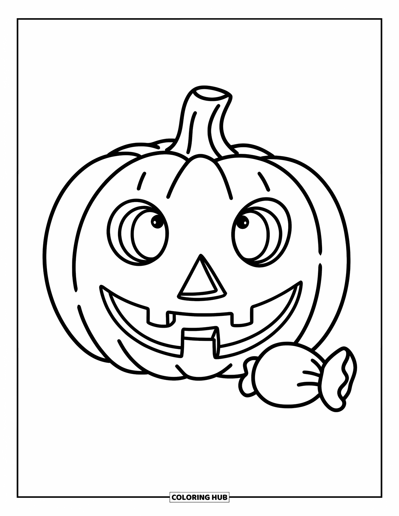 Trick Or Treat Coloring Page for Kids: Smiling jack-o'-lantern beside a candy bag