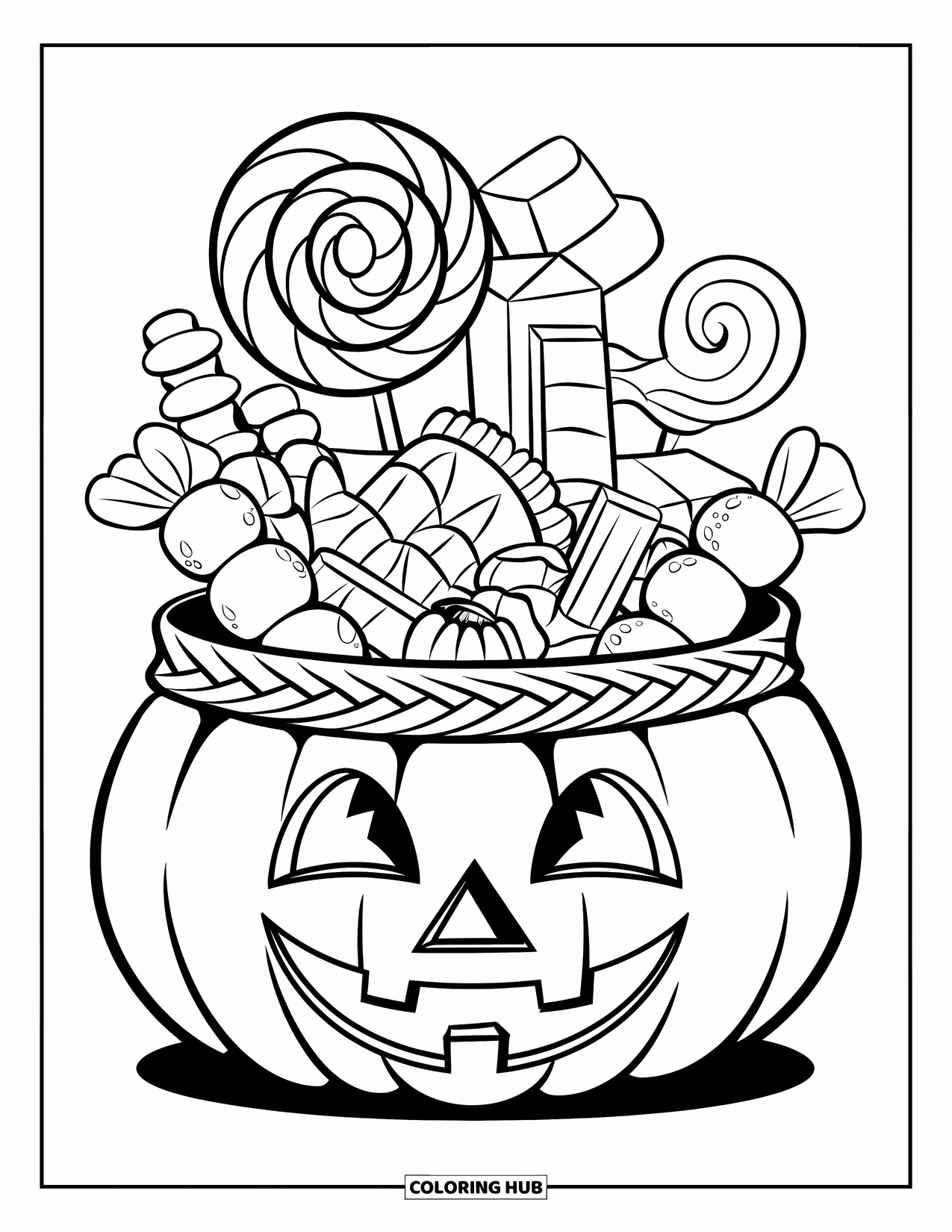 Trick Or Treat Coloring Page for Kids: Smiling pumpkin basket filled with assorted candies