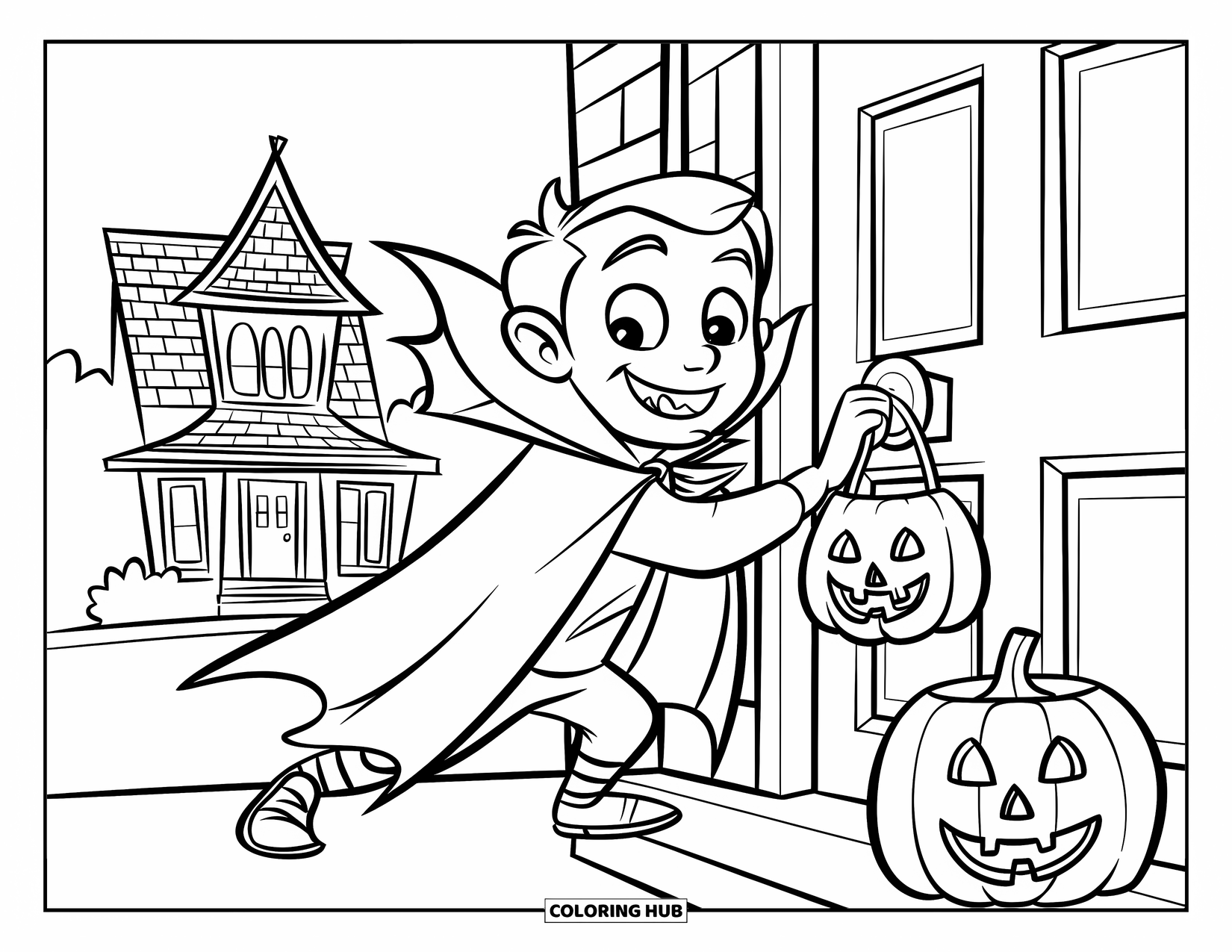 Trick Or Treat Coloring Page for Kids: Smiling vampire kid knocking on a haunted house door