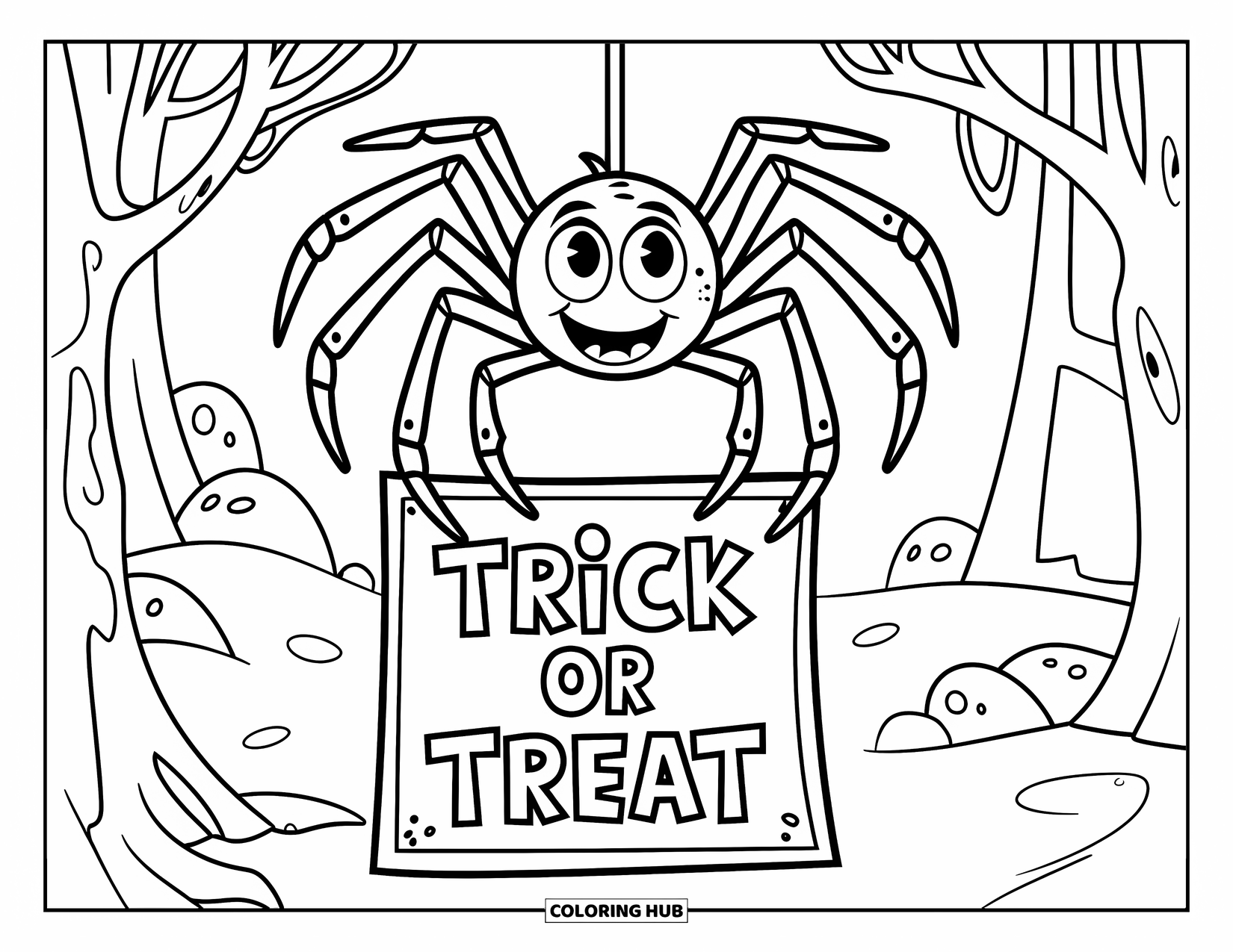 Trick Or Treat Coloring Page for Kids: Spider with big eyes hanging over a forest sign