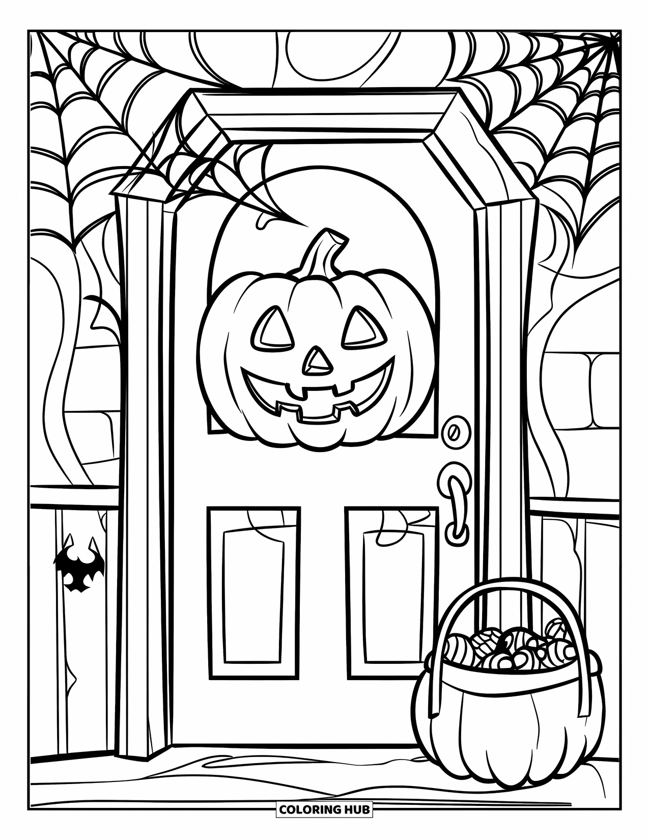 Trick Or Treat Coloring Page for Kids: Spooky door with a jack-o'-lantern and candy basket