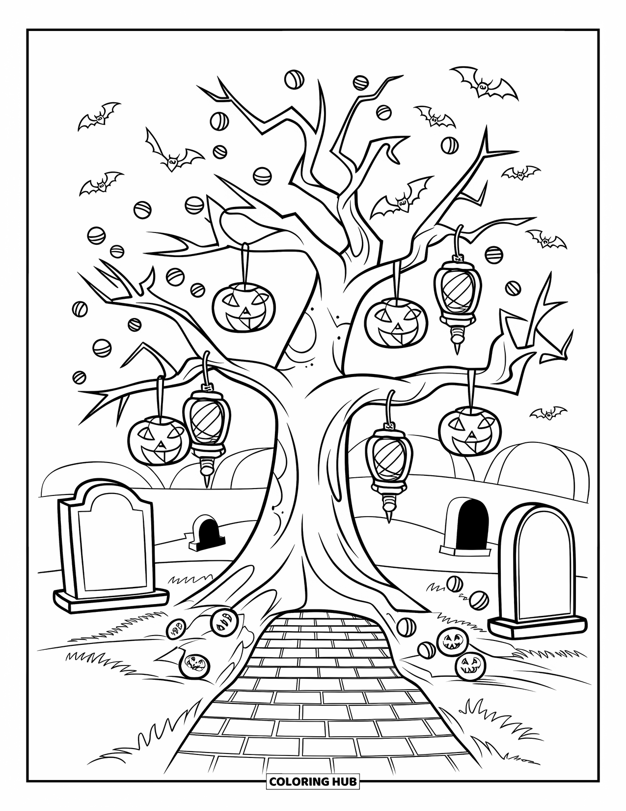 Trick Or Treat Coloring Page for Kids: Spooky tree with bats, lanterns, and dangling candy