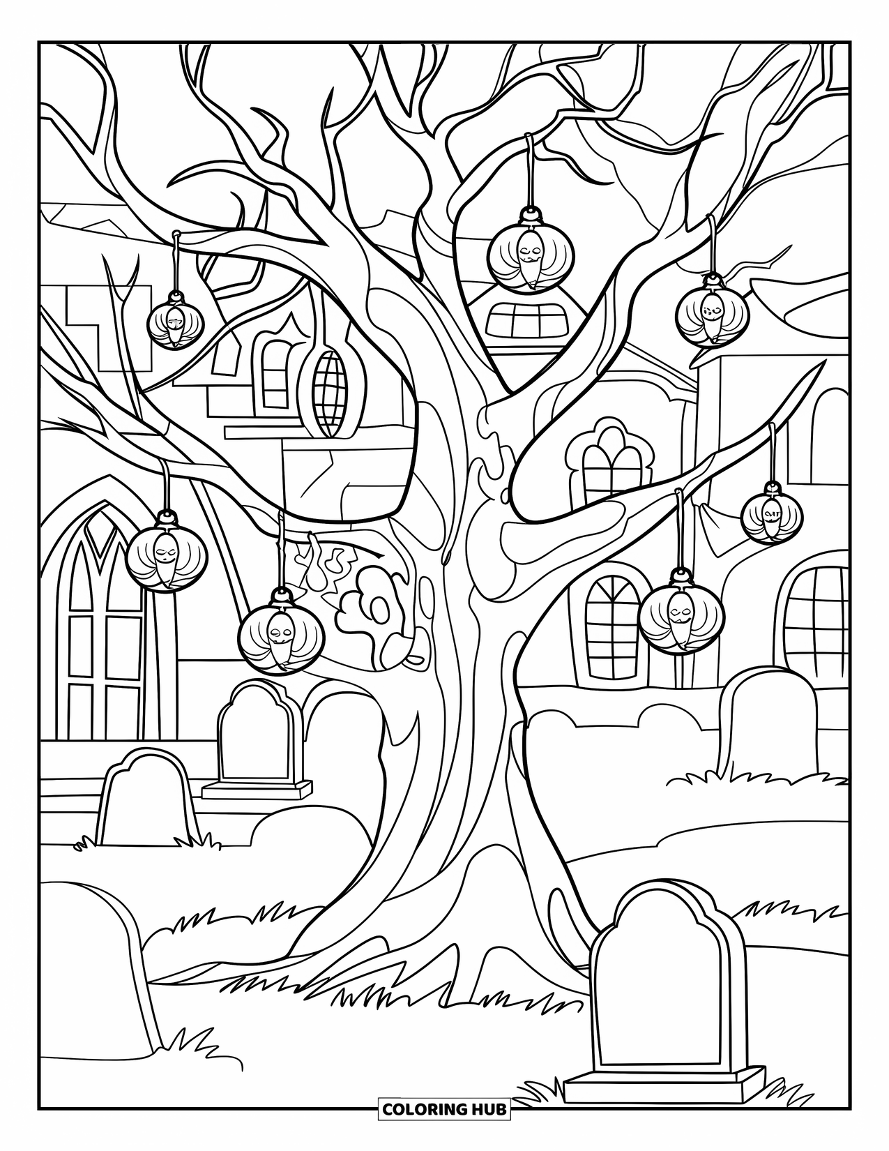 Trick Or Treat Coloring Page for Kids: Spooky tree with lanterns and candy in a graveyard