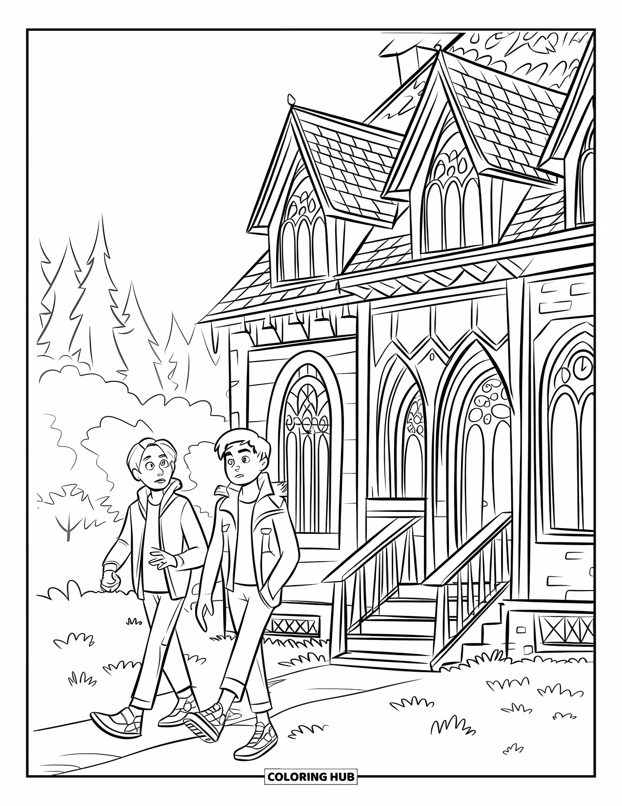 Trick Or Treat Coloring Page for Kids: Teens walking toward a gothic haunted house