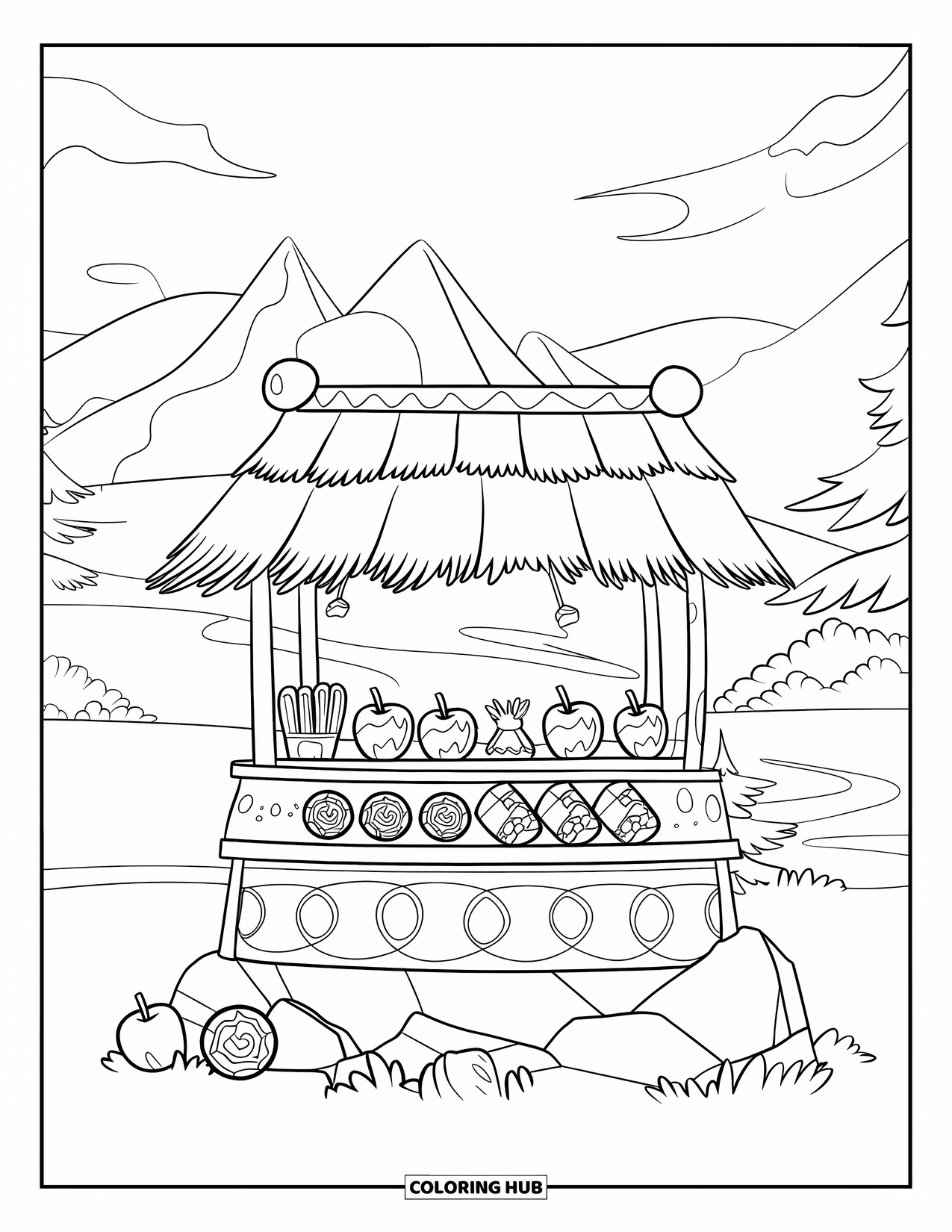 Trick Or Treat Coloring Page for Kids: Thatched candy stand with apples and a mountain view