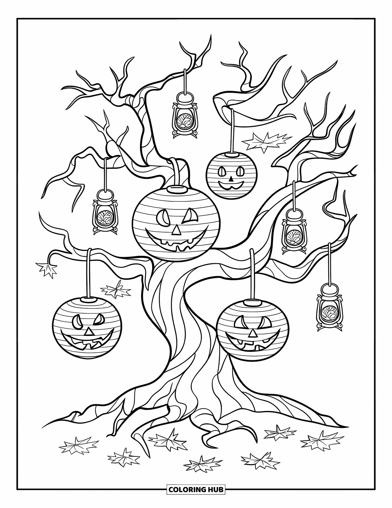 Trick Or Treat Coloring Page for Kids: Twisted tree with candy lanterns and fallen leaves