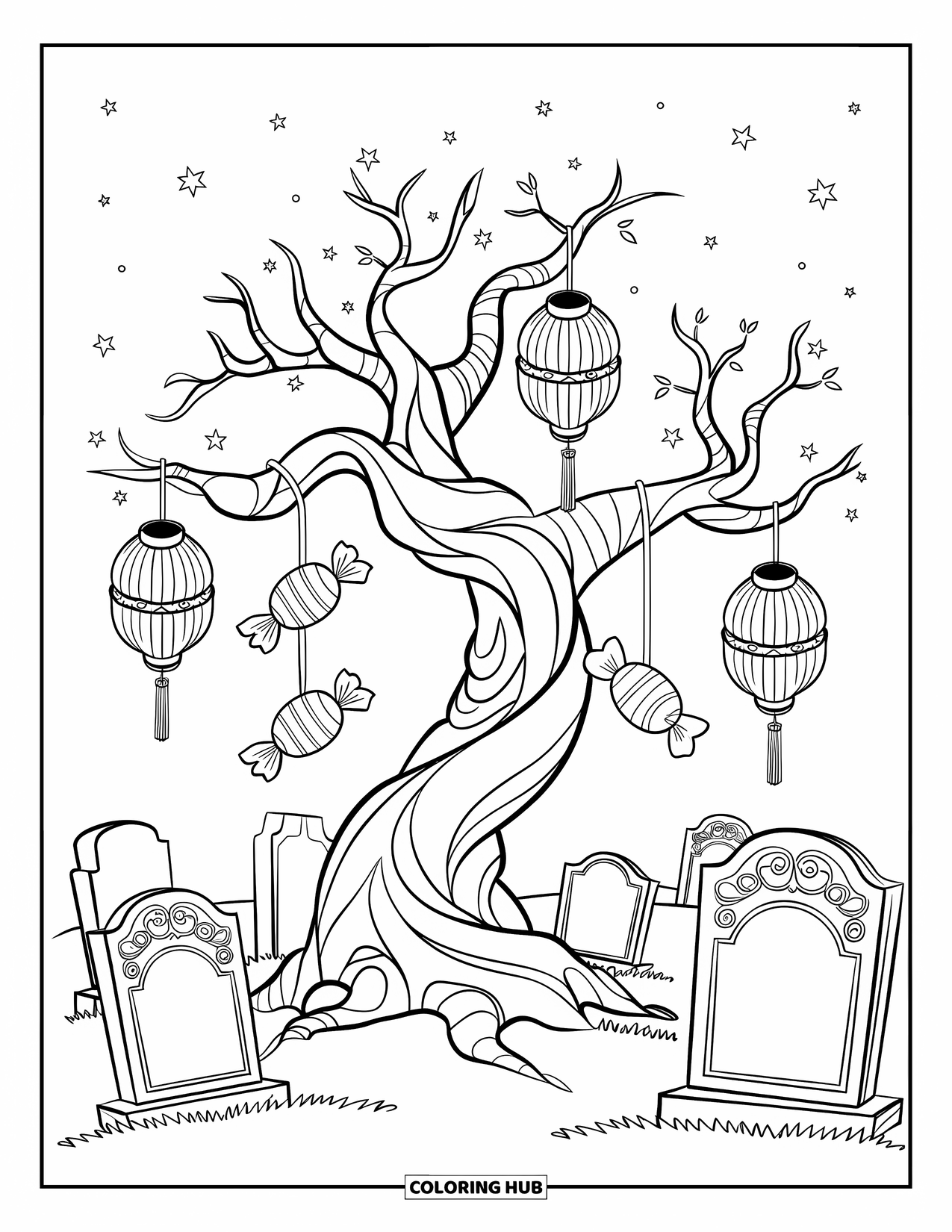 Trick Or Treat Coloring Page for Kids: Twisted tree with lanterns, candy, and carved tombstones