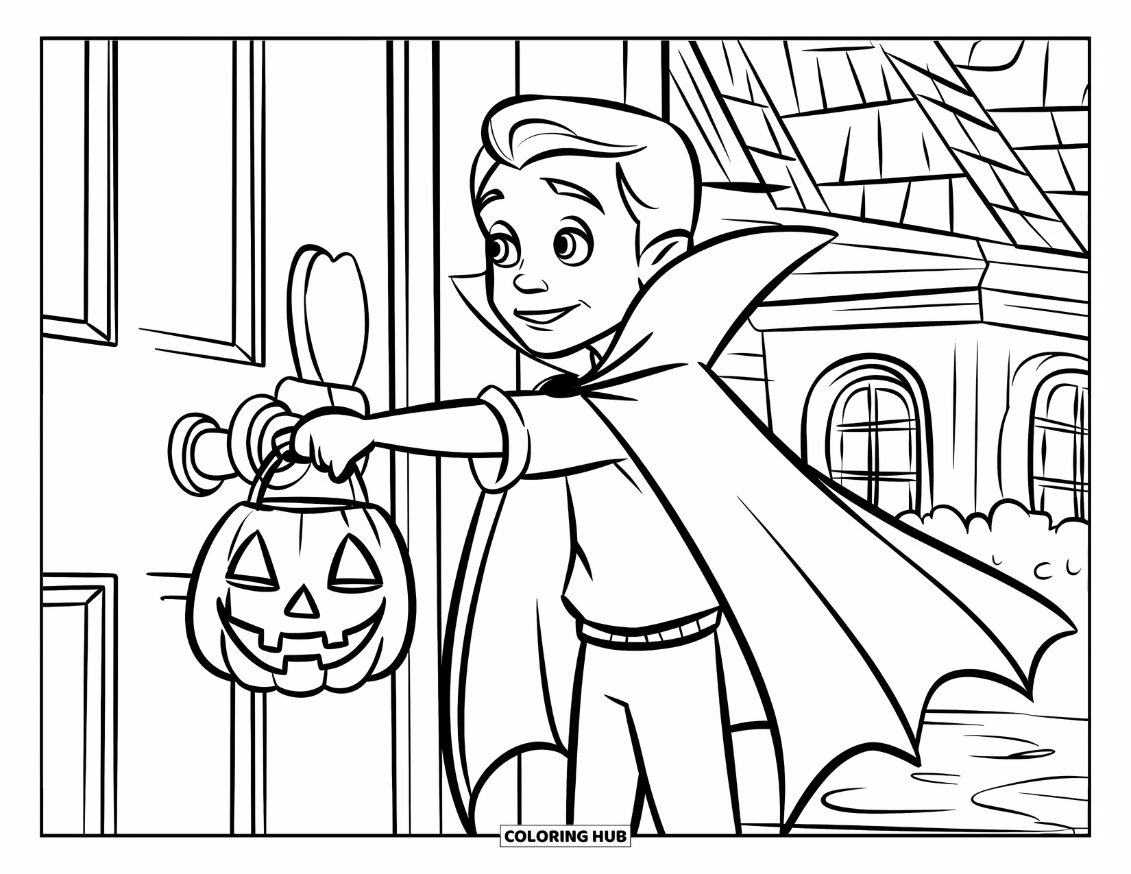 Trick Or Treat Coloring Page for Kids: Vampire kid in cape holding a pumpkin pail at the door