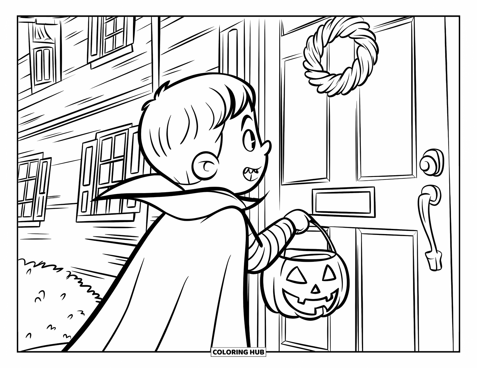 Trick Or Treat Coloring Page for Kids: Vampire kid knocking on a haunted house door with pail