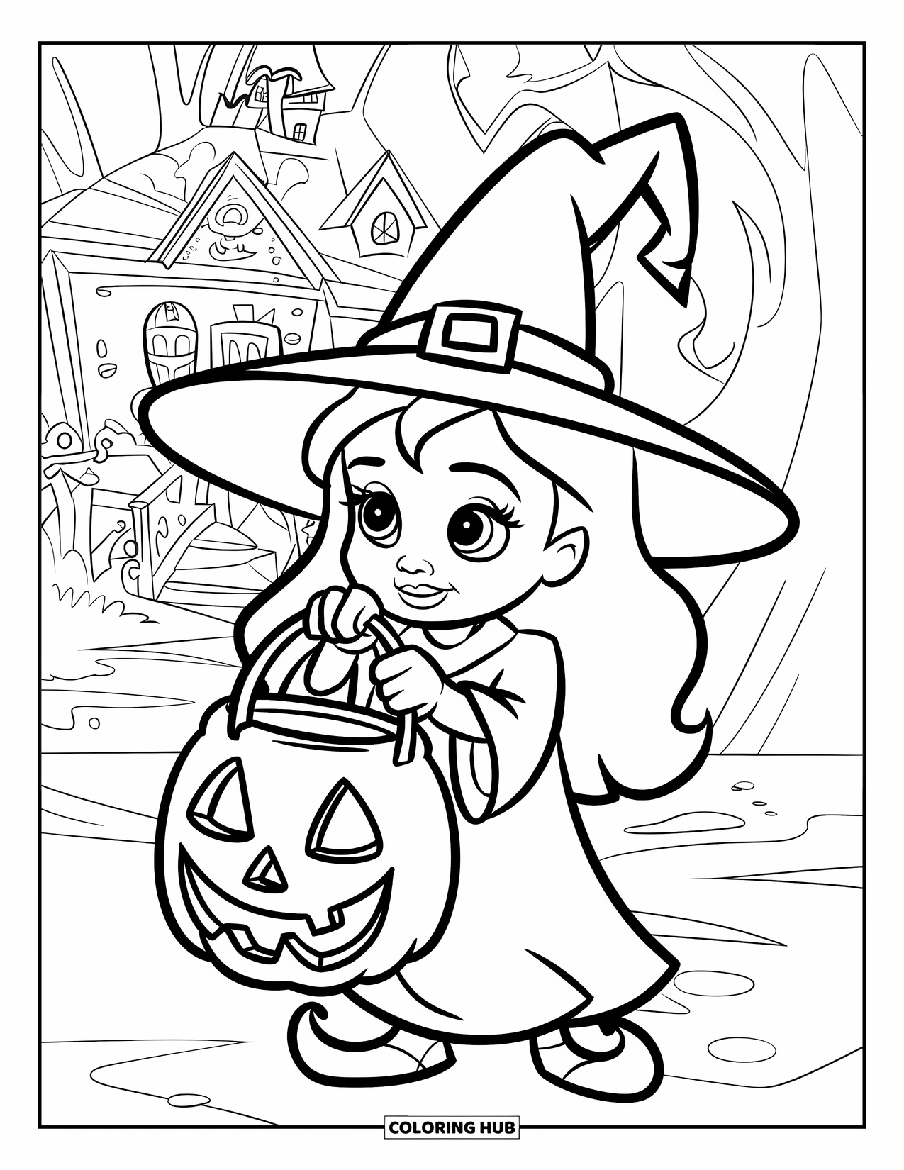 Trick Or Treat Coloring Page for Kids: Witch child holding pumpkin bucket in front of a house