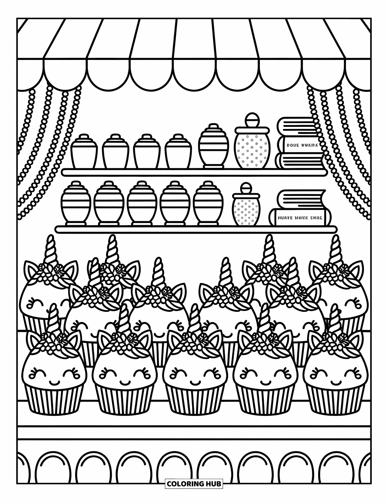 Unicorn Cupcake Coloring Page for Adults: Bakery counter overflowing with unicorn cupcakes and sprinkle jars