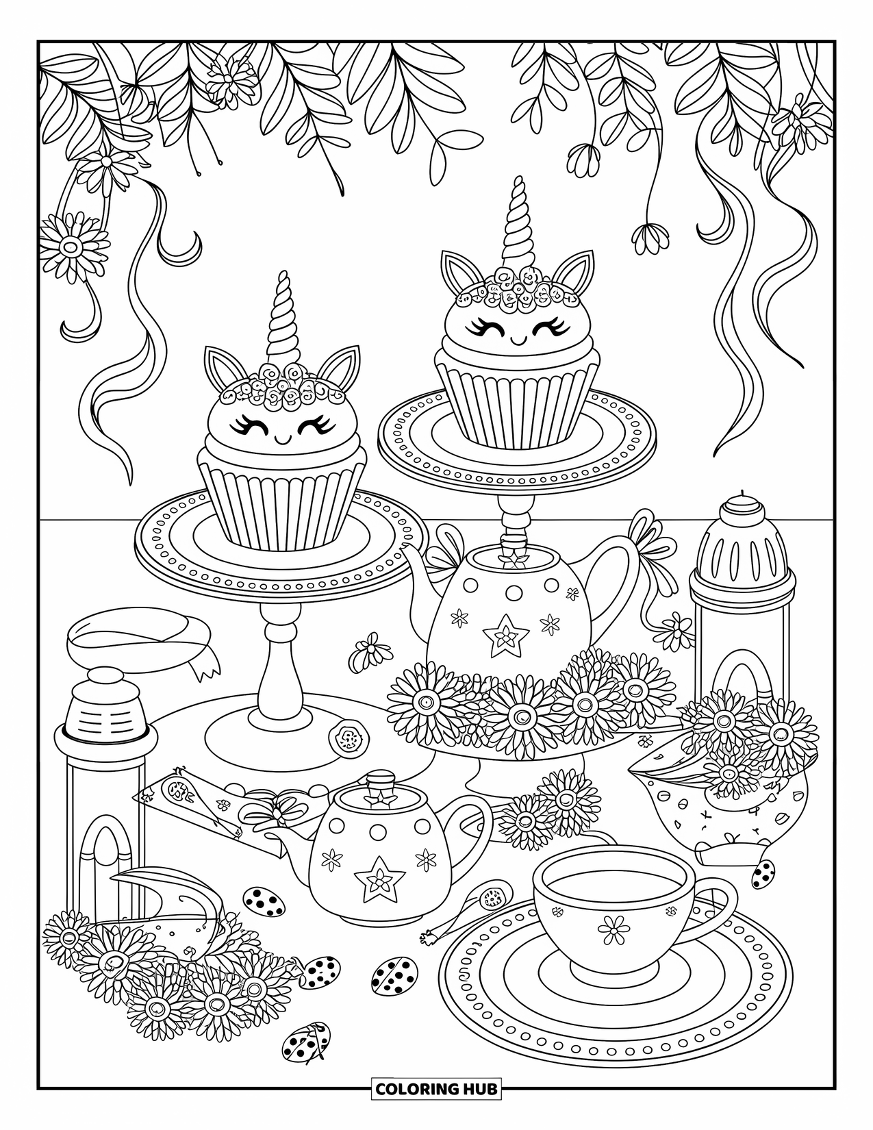 Unicorn Cupcake Coloring Page for Adults: Charming tea party with unicorn cupcakes and ladybugs nearby
