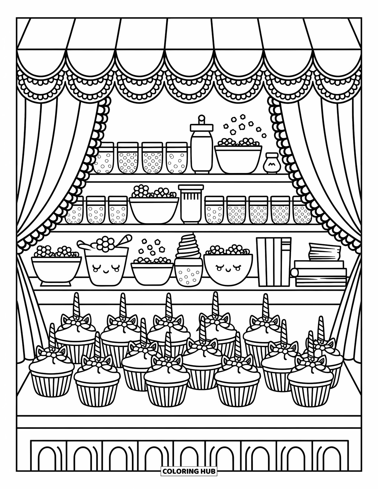 Unicorn Cupcake Coloring Page for Adults: Cozy bakery with unicorn cupcakes, recipe books, and lace curtains