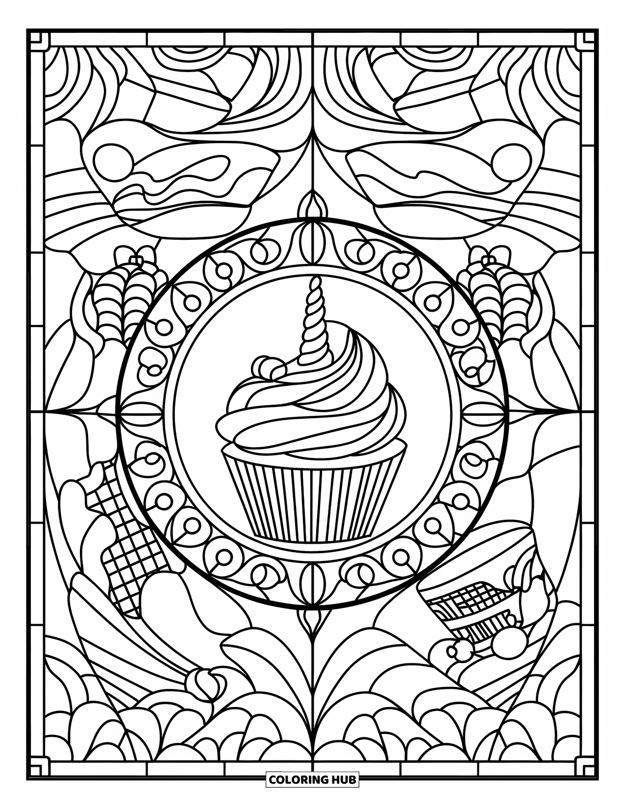 Unicorn Cupcake Coloring Page for Adults: Cupcake in stained glass window with cakes and desserts around