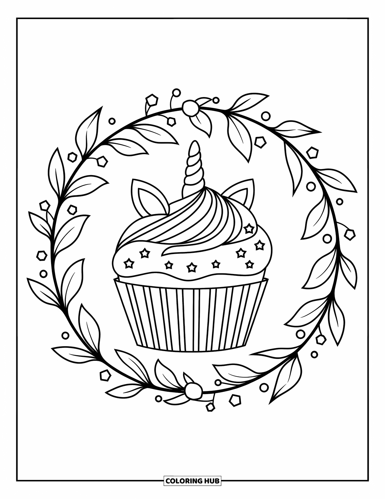 Unicorn Cupcake Coloring Page for Adults: Cupcake with unicorn topper surrounded by leaves and flowers