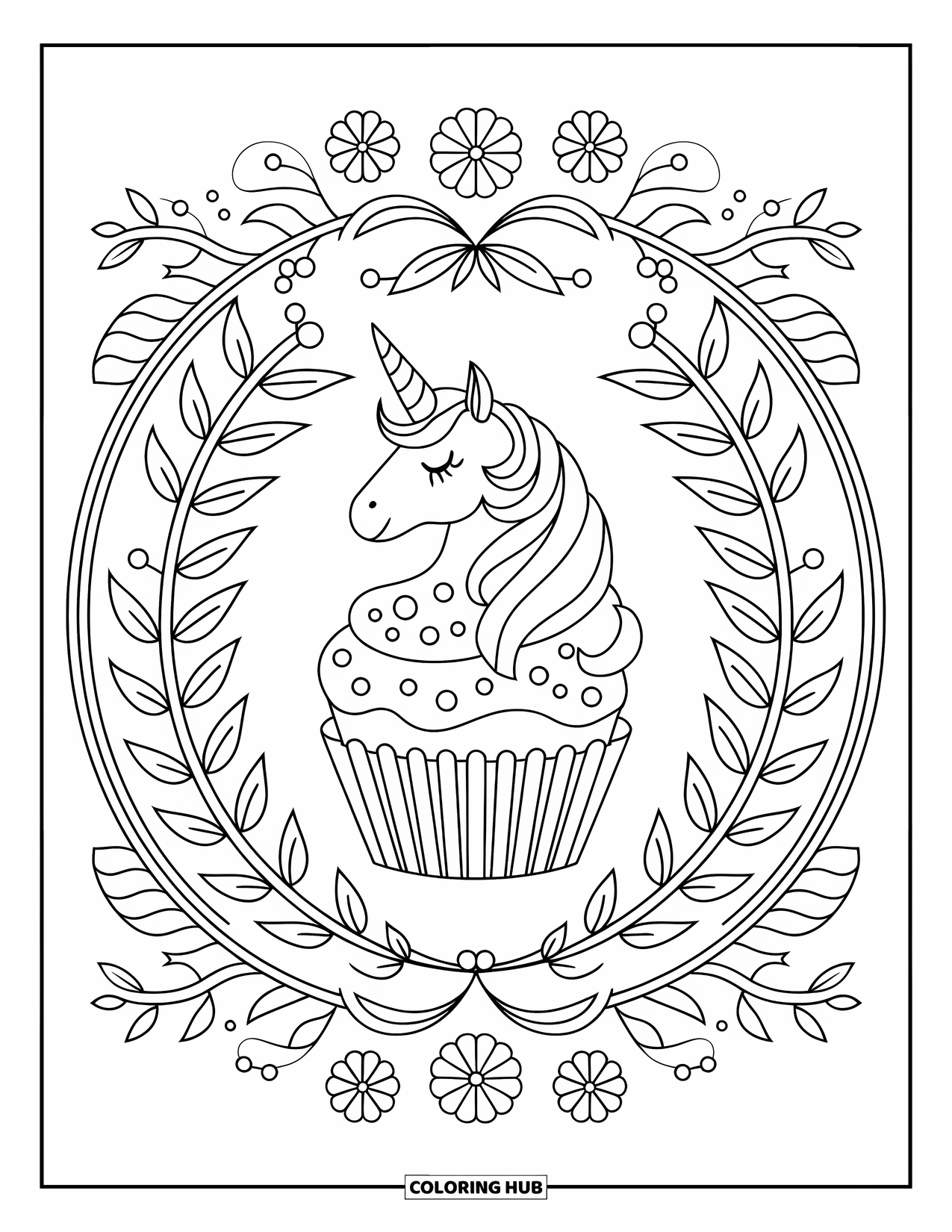 Unicorn Cupcake Coloring Page for Adults: Smiling unicorn cupcake framed with leaves, vines, and flowers