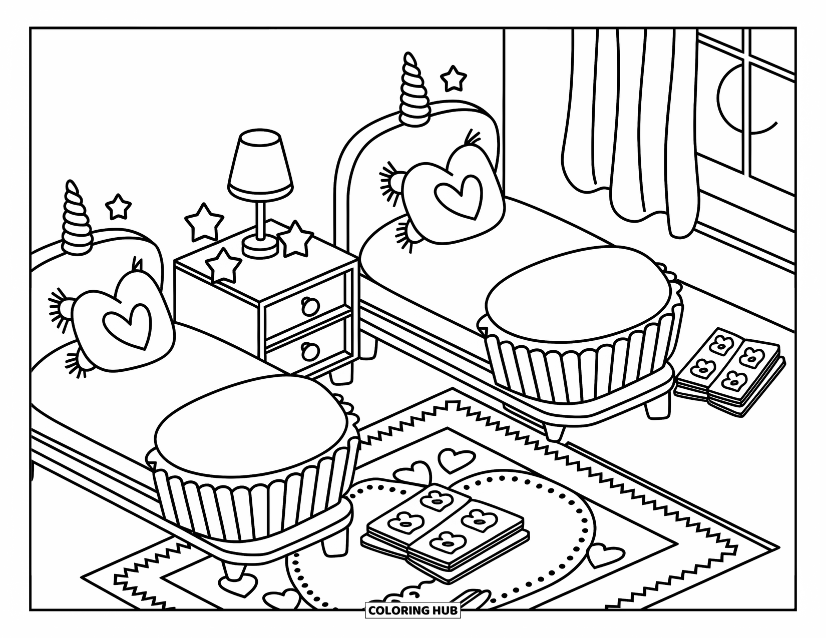 Unicorn Cupcake Coloring Page for Adults: Whimsical bedroom with cupcake beds and glowing nightstands
