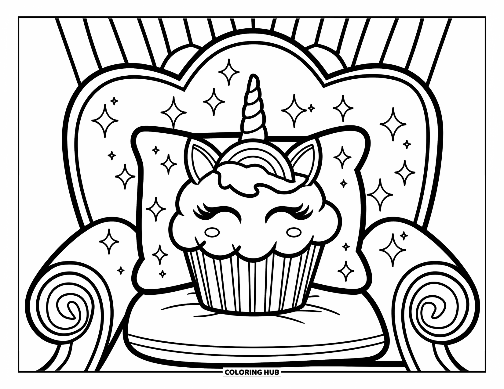 Unicorn Cupcake Coloring Page for Kids: Cupcake with rainbow frosting sits on a gem pillow