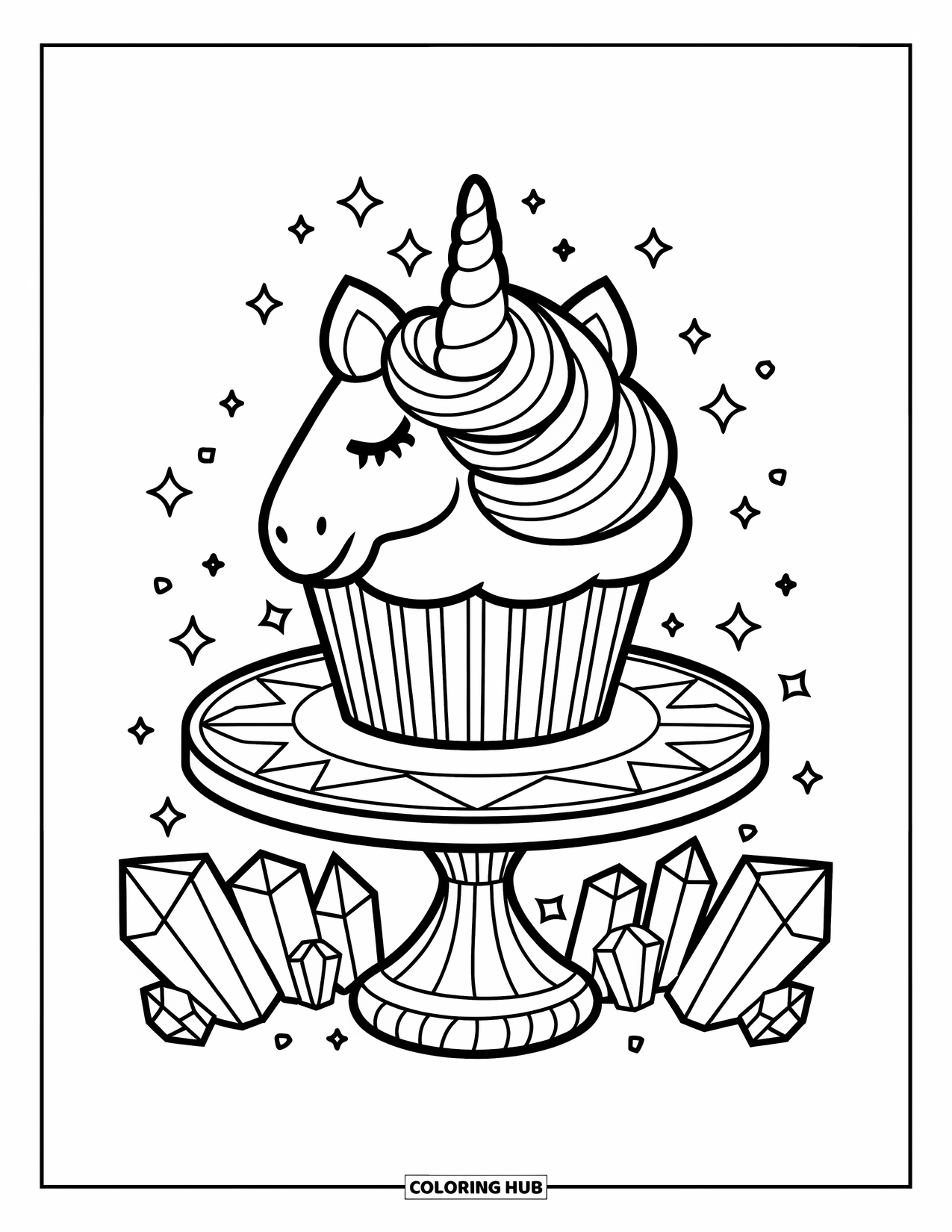 Unicorn Cupcake Coloring Page for Kids: Cupcake with rainbow swirl on a wooden stand