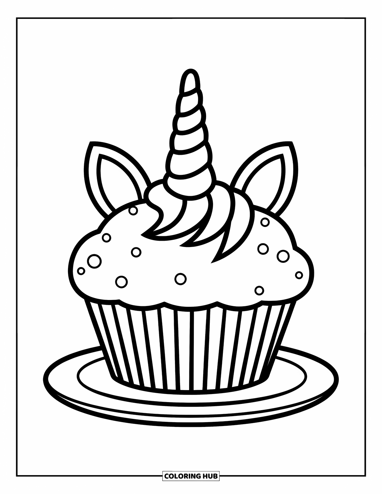 Unicorn Cupcake Coloring Page for Kids: Cupcake with unicorn horn and ears on a plate