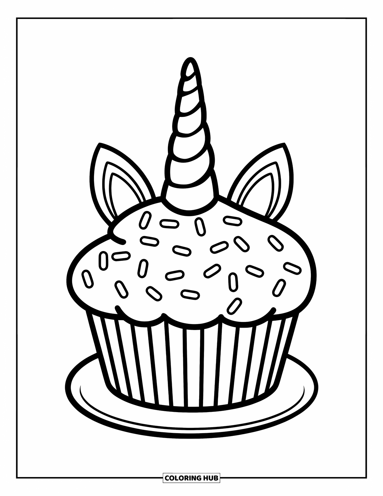 Unicorn Cupcake Coloring Page for Kids: Plain cupcake with unicorn horn and ears on top