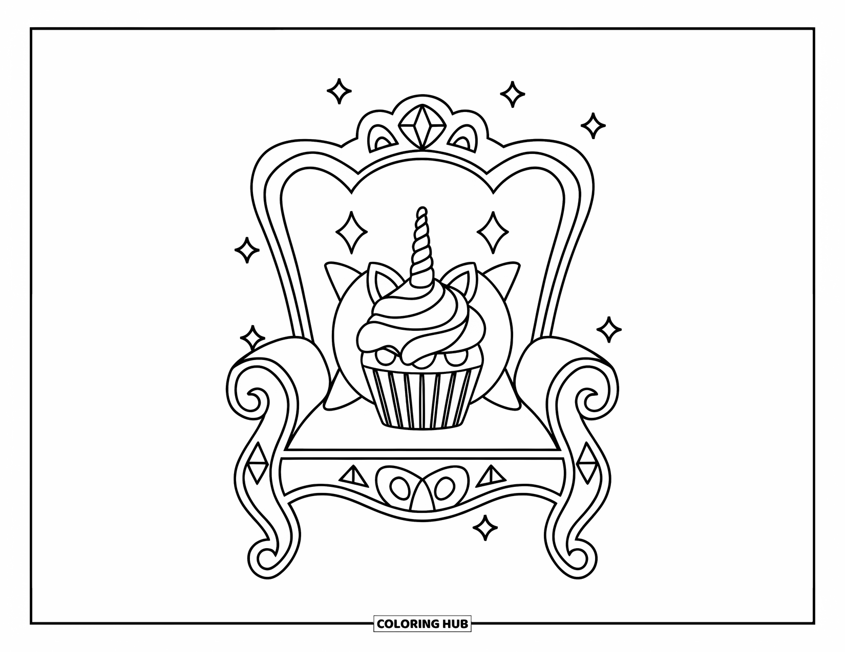 Unicorn Cupcake Coloring Page for Kids: Unicorn cupcake rests on a sparkling pillow throne