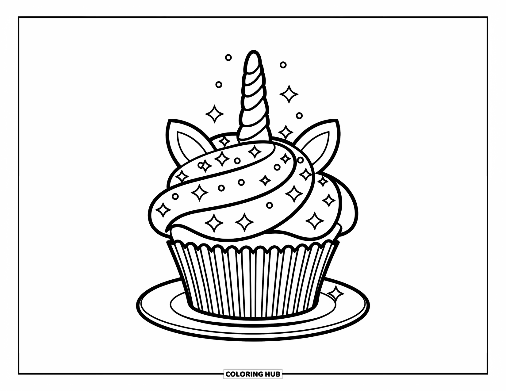 Unicorn Cupcake Coloring Page for Kids: Unicorn cupcake topped with candy spirals and twinkling frosting