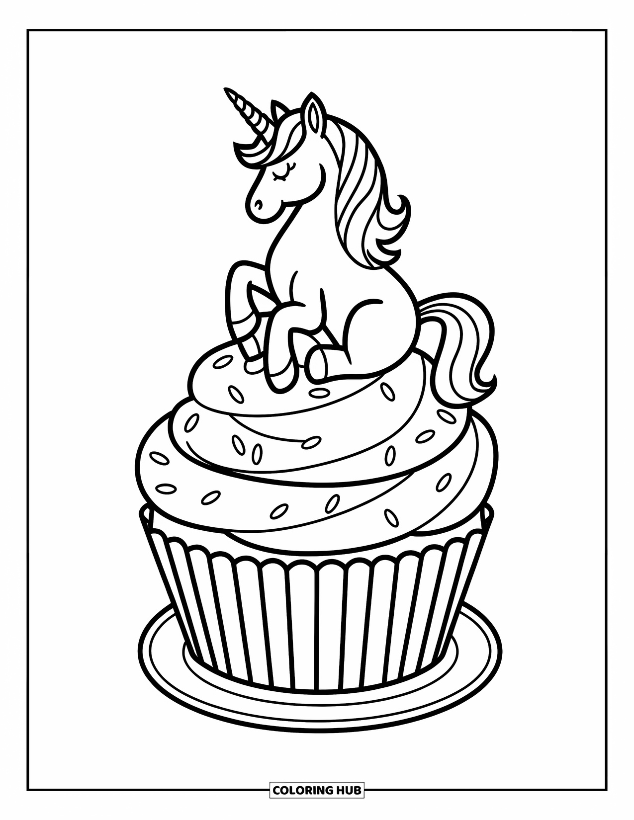 Unicorn Cupcake Coloring Page for Kids: Unicorn with crown sits on a frosted giant cupcake
