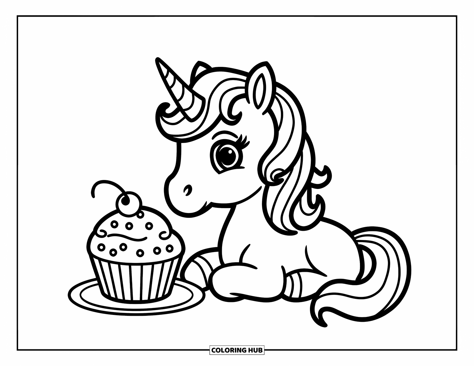 Unicorn Cupcake Coloring Page for Kids: Unicorn with frosting horn sits beside a cupcake