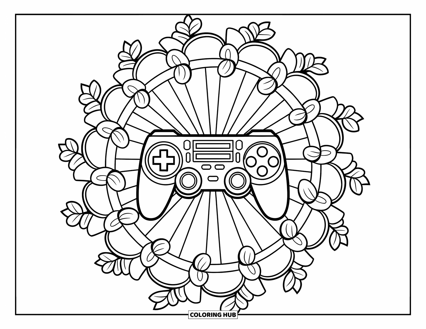 Video Game Controller Coloring Page for Adults: A controller framed by ivy curls and calming, detailed patterns