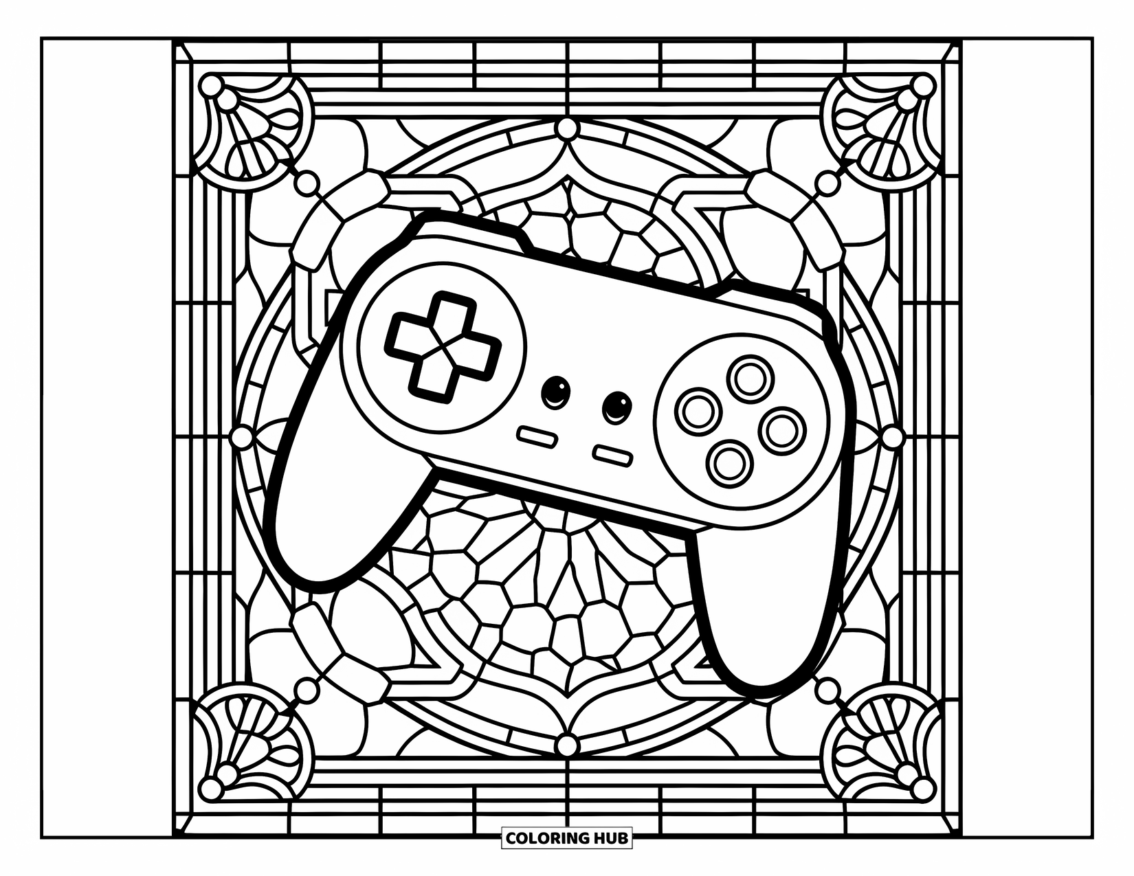 Video Game Controller Coloring Page for Adults: A controller hovers above stained glass tiles in a cozy, cute style