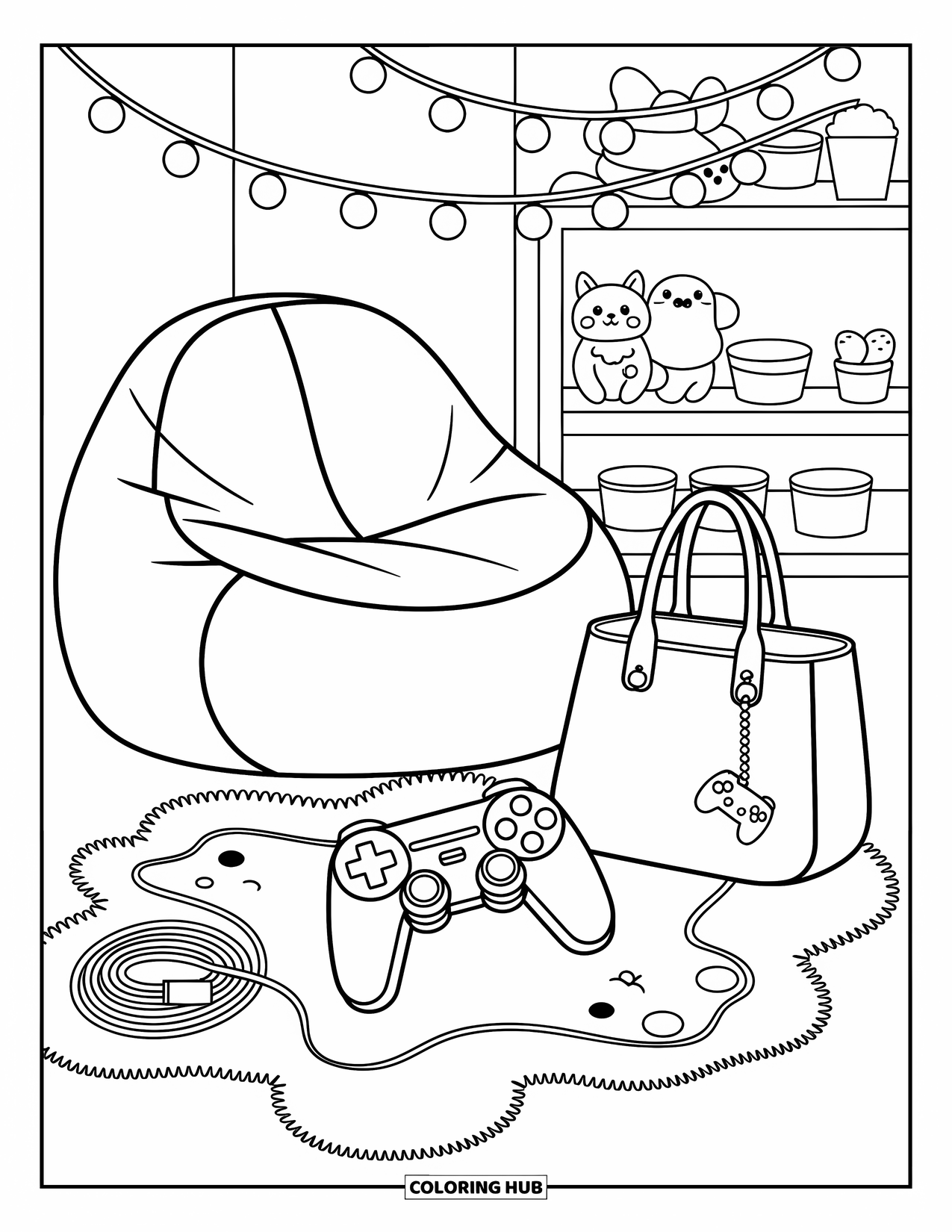 Video Game Controller Coloring Page for Adults: A controller rests on a fuzzy rug beside plushies and fairy-lit shelves
