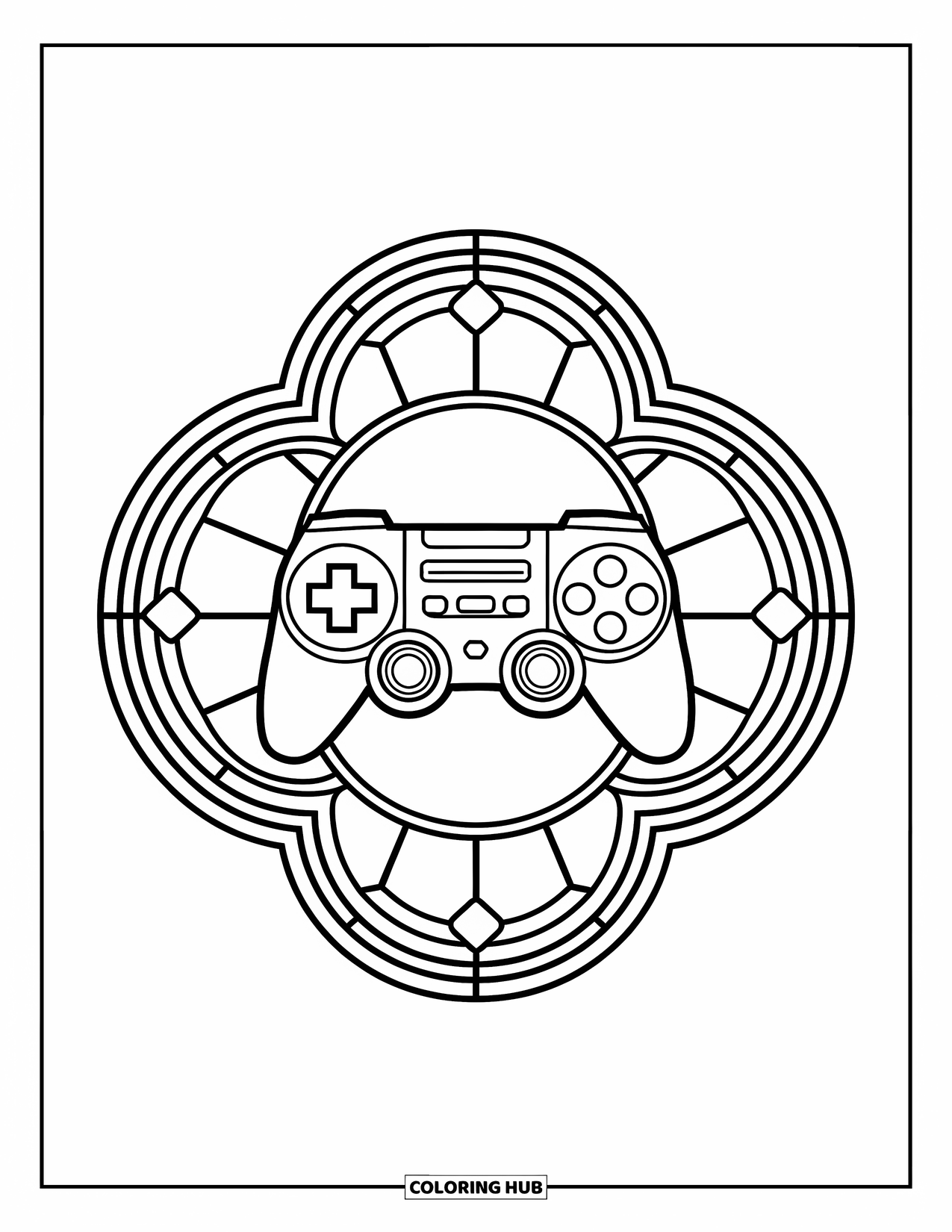Video Game Controller Coloring Page for Adults: A controller rests within an ornate stained glass design
