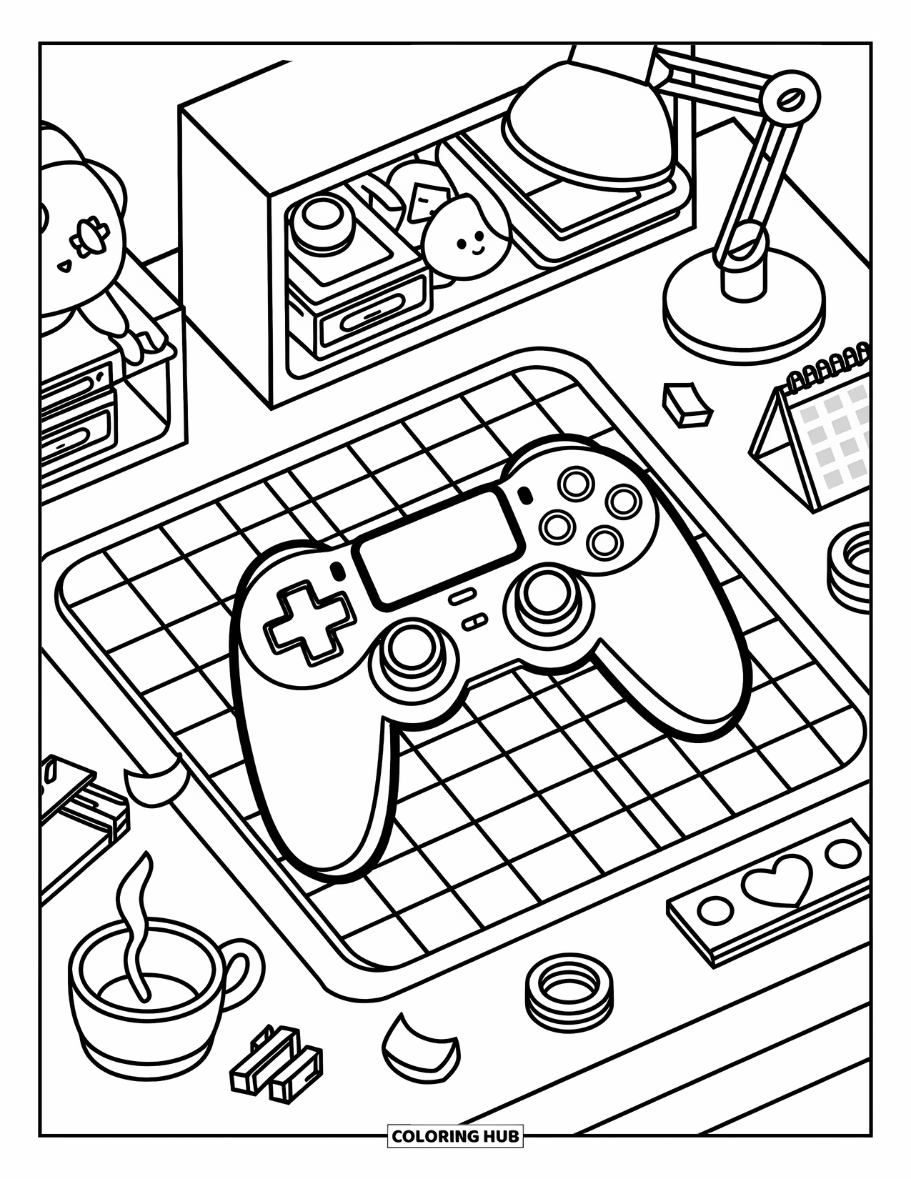 Video Game Controller Coloring Page for Adults: A controller sits on a desk mat surrounded by tea, plushies, and washi tape