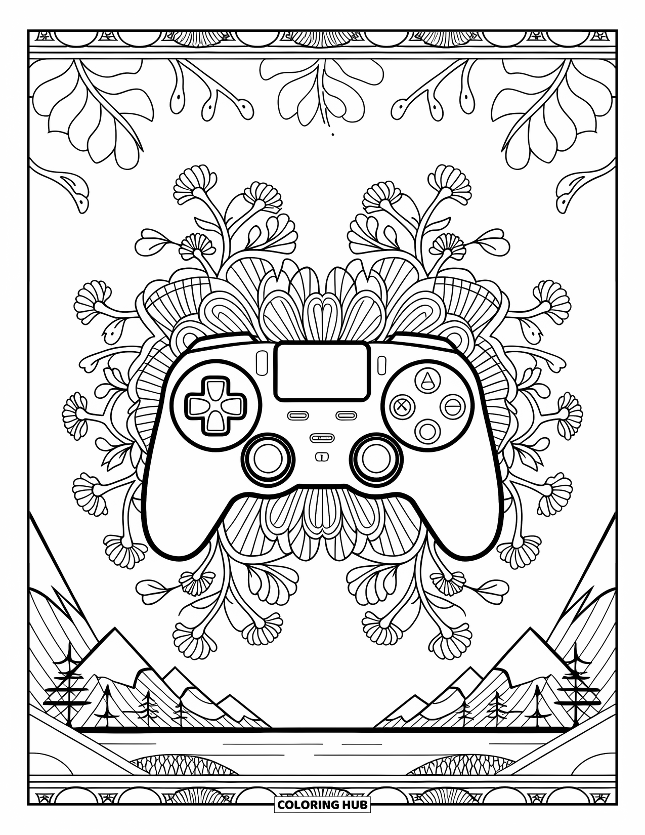 Video Game Controller Coloring Page for Adults: A controller surrounded by vines and petals rests near a peaceful landscape