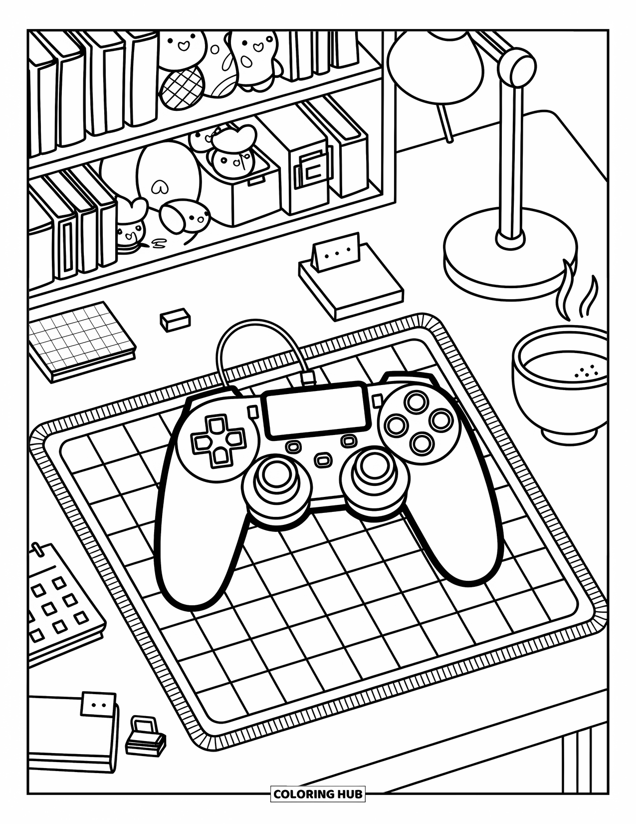 Video Game Controller Coloring Page for Adults: A cozy desk setup with cute plushies, tea, and a resting controller