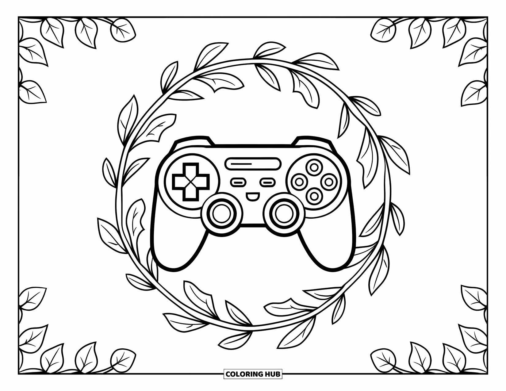 Video Game Controller Coloring Page for Adults: A cute controller framed with ivy patterns and calming symmetrical swirls