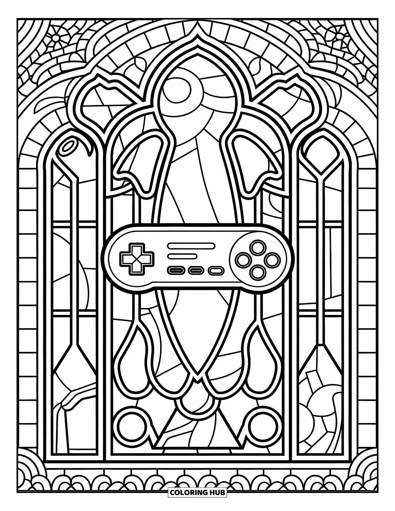 Video Game Controller Coloring Page for Adults: A cute controller sits inside a floral stained glass design