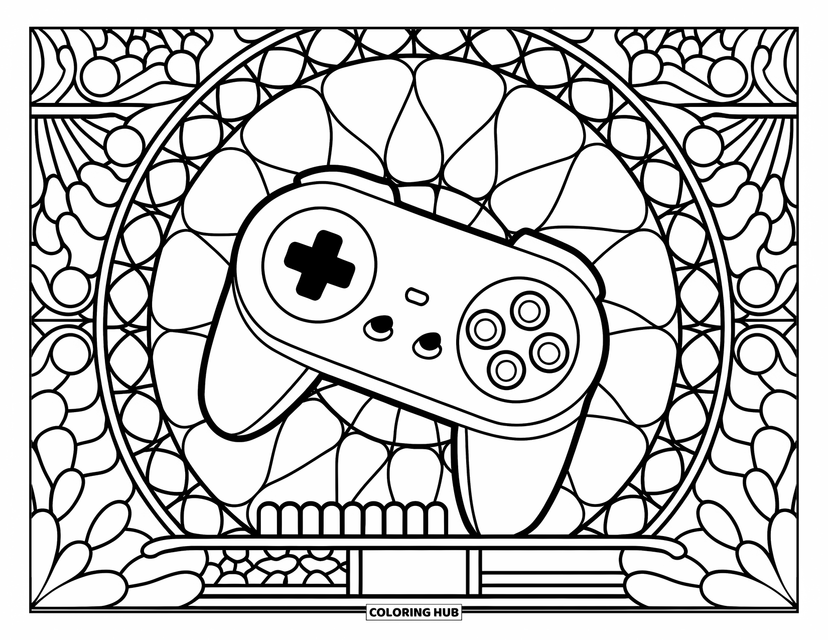 Video Game Controller Coloring Page for Adults: A floating controller sits above delicate stained glass designs