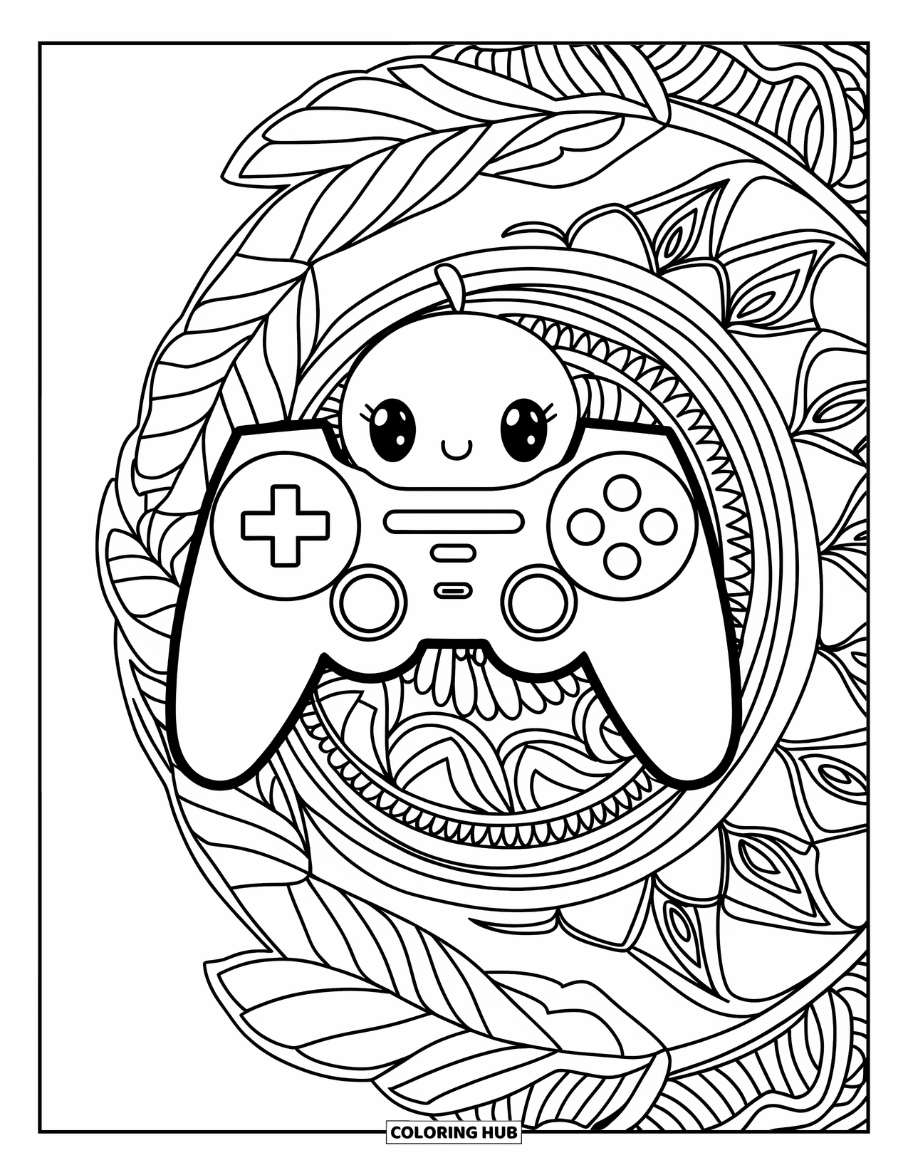 Video Game Controller Coloring Page for Adults: A happy character holds a controller among swirling leaf patterns