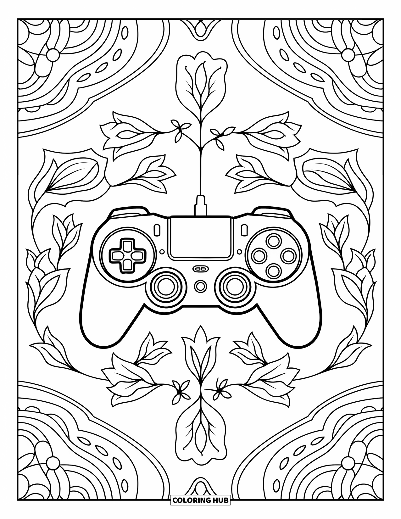 Video Game Controller Coloring Page for Adults: A modern controller sits among graceful floral vines and petals
