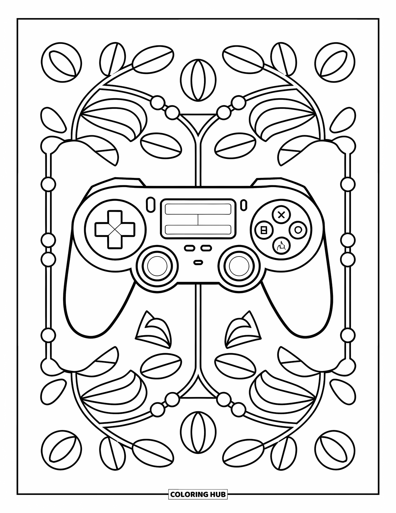 Video Game Controller Coloring Page for Adults: A soft floral frame wraps around a cute modern controller