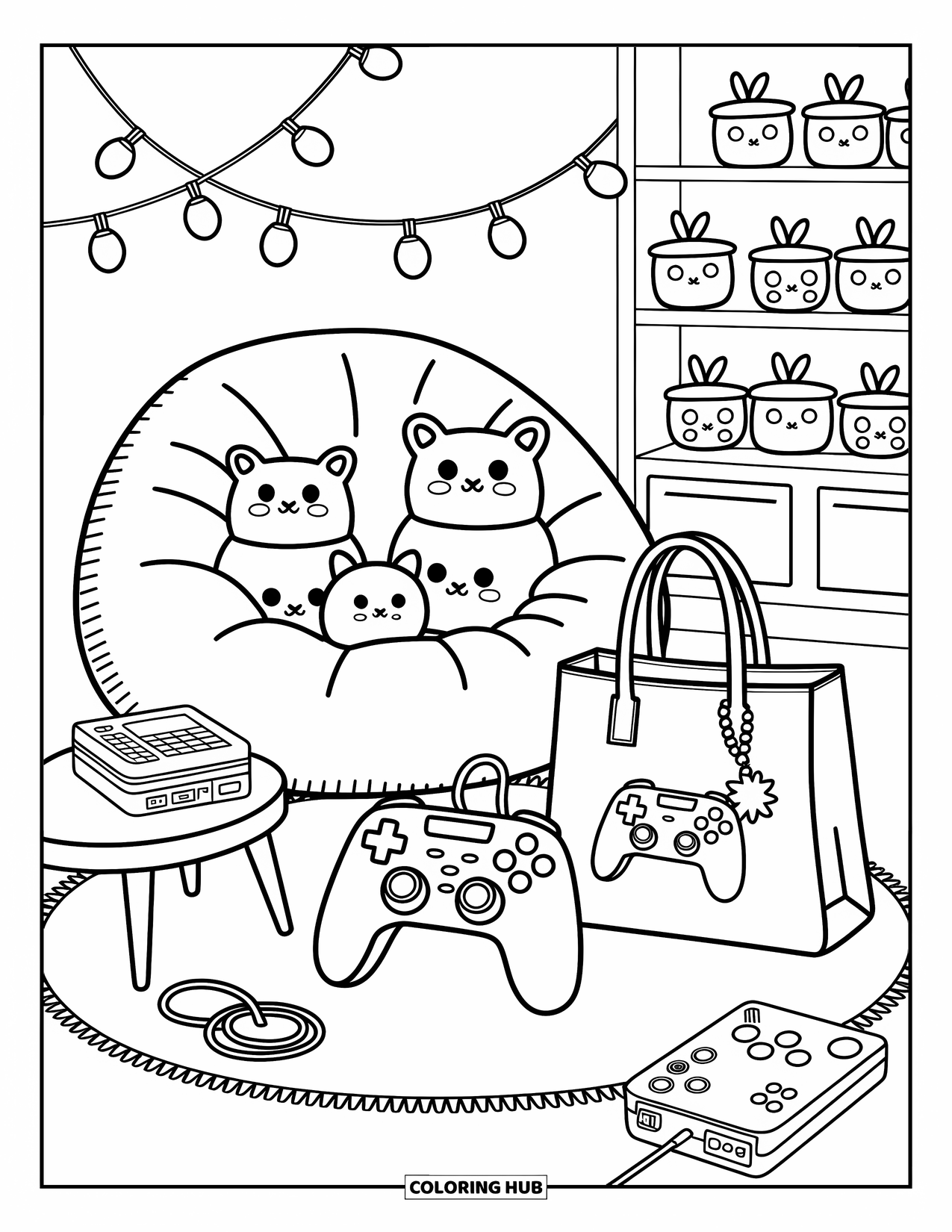 Video Game Controller Coloring Page for Adults: A soft rug holds a controller near plushies, fairy lights, and a comfy chair