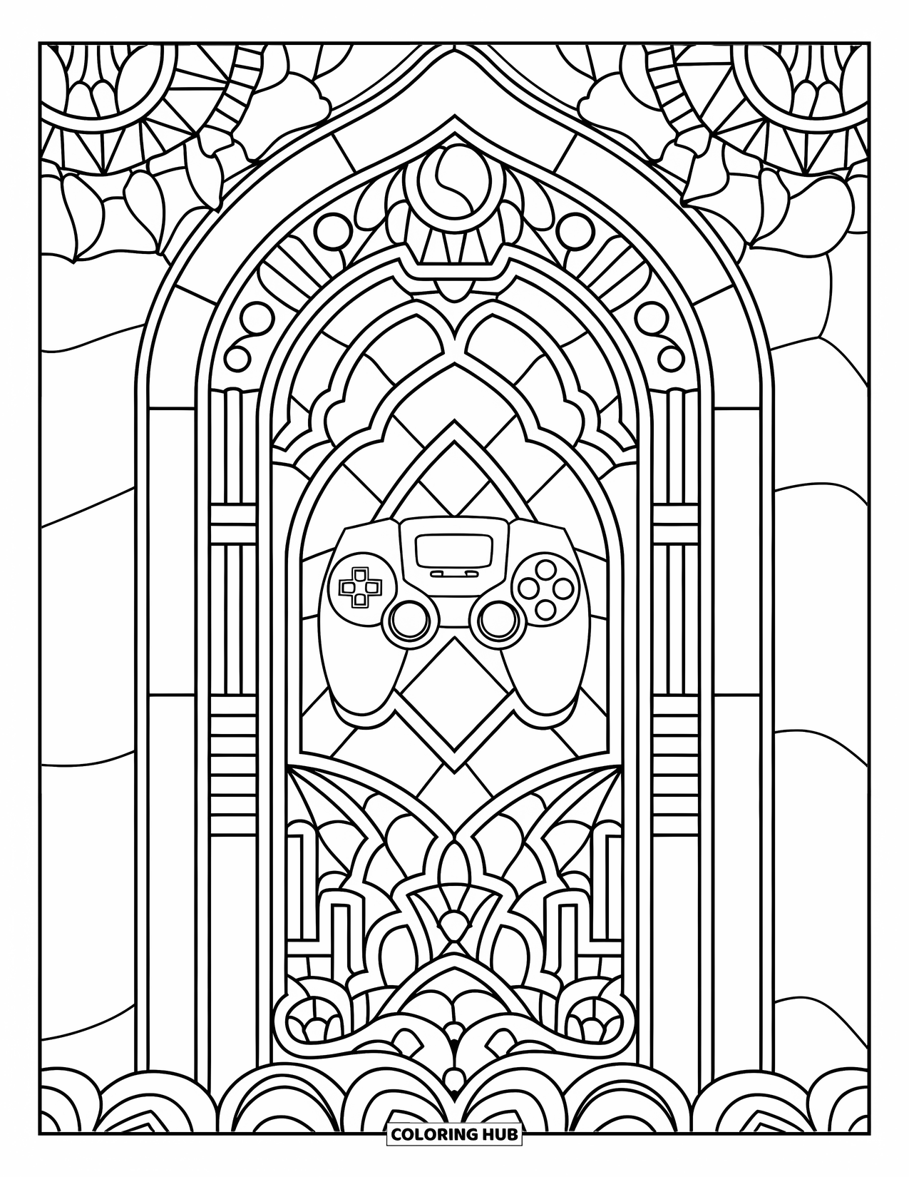 Video Game Controller Coloring Page for Adults: An intricate stained glass frame surrounds a playful controller