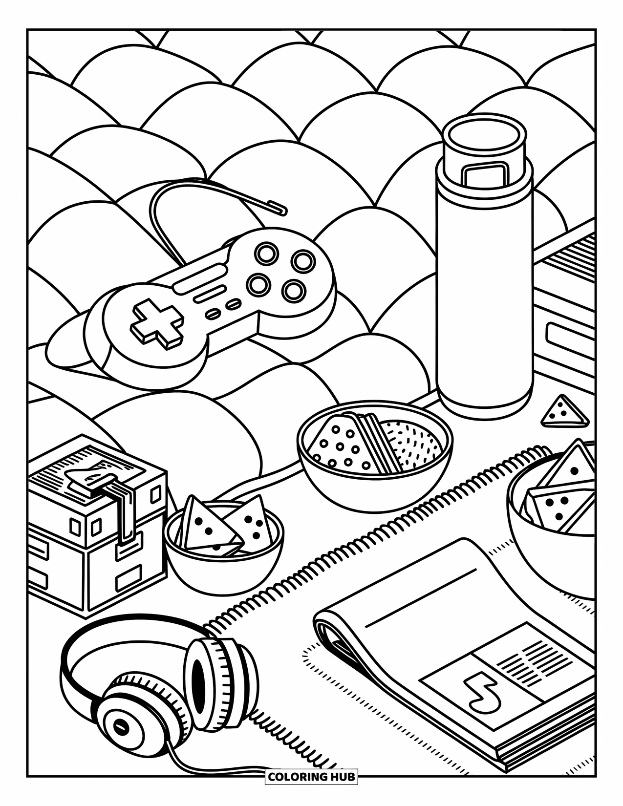 Video Game Controller Coloring Page for Adults: Cute bento and chips circle a controller resting on a comfy blanket