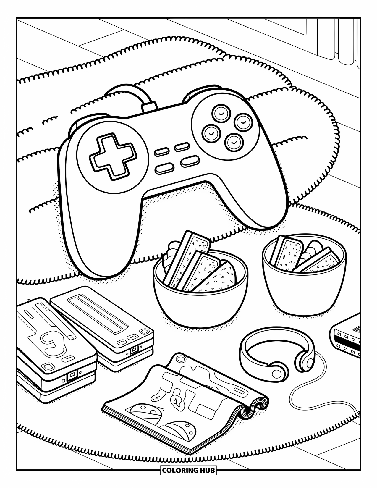 Video Game Controller Coloring Page for Adults: Mini snacks surround a controller on a fuzzy rug beside a gaming magazine